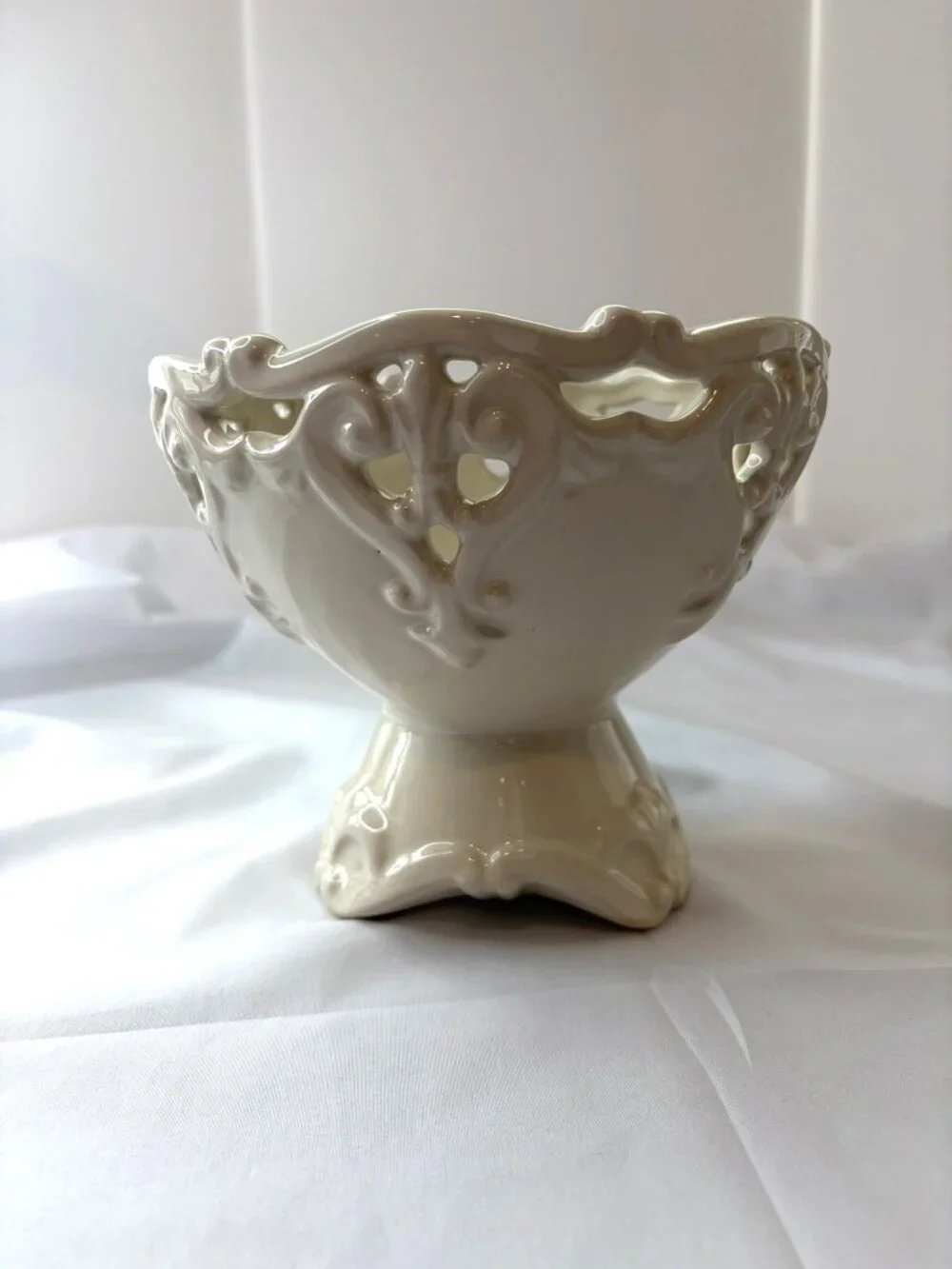 Vintage Cream Pedestal Bowl Pierced Openwork Rim Ornate Footed Compote MCM